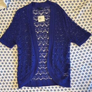 Basic Editions Open-Front Crochet Knit Short Sleeve Cardigan -Royal Blue XXL NWT